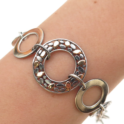 925 Sterling Silver 18K Gold Vintage Modernist Circle Link Bracelet 7.75-8.75"