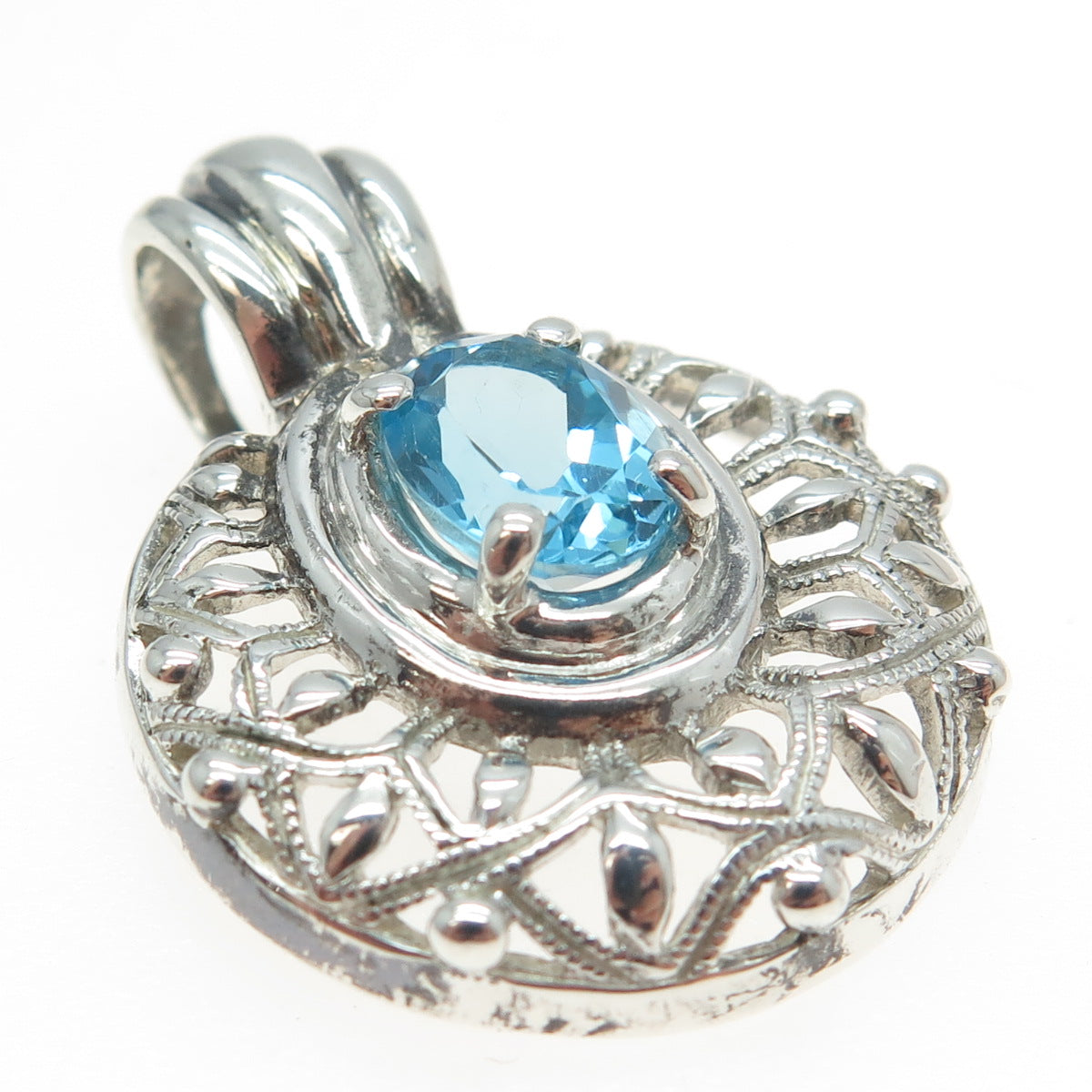 925 Sterling Silver Real Oval-Cut Blue Topaz Ornate Pendant