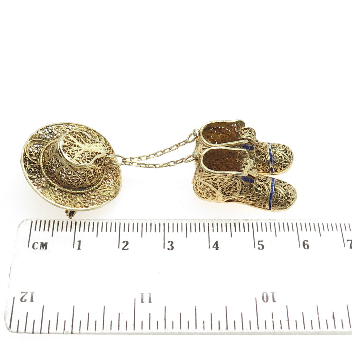 925 Sterling Silver Gold Plated Vintage Portugal Enamel Hat Boots Dangle Brooch
