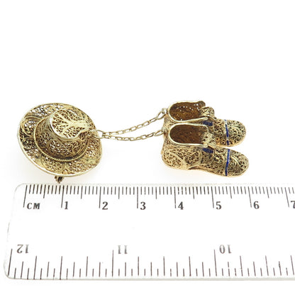 925 Sterling Silver Gold Plated Vintage Portugal Enamel Hat Boots Dangle Brooch