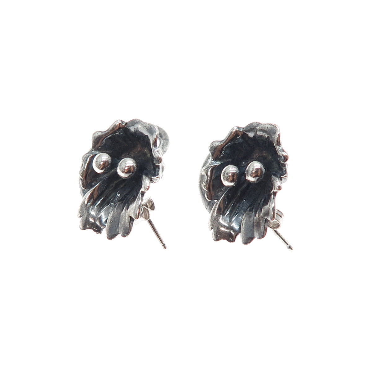 925 Sterling Silver Vintage Modernist Flower Oxidized Earrings