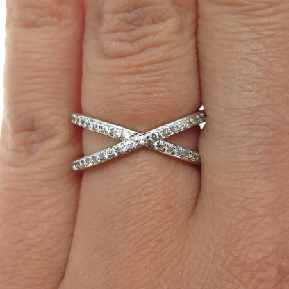 925 Sterling Silver Round-Cut C Z Crisscross Ring Size 6.25