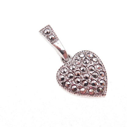 Theda 925 Sterling Silver Antique Art Deco Real Marcasite Heart Charm Pendant