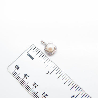 925 Sterling Silver Faux Pearl & C Z Small Pendant