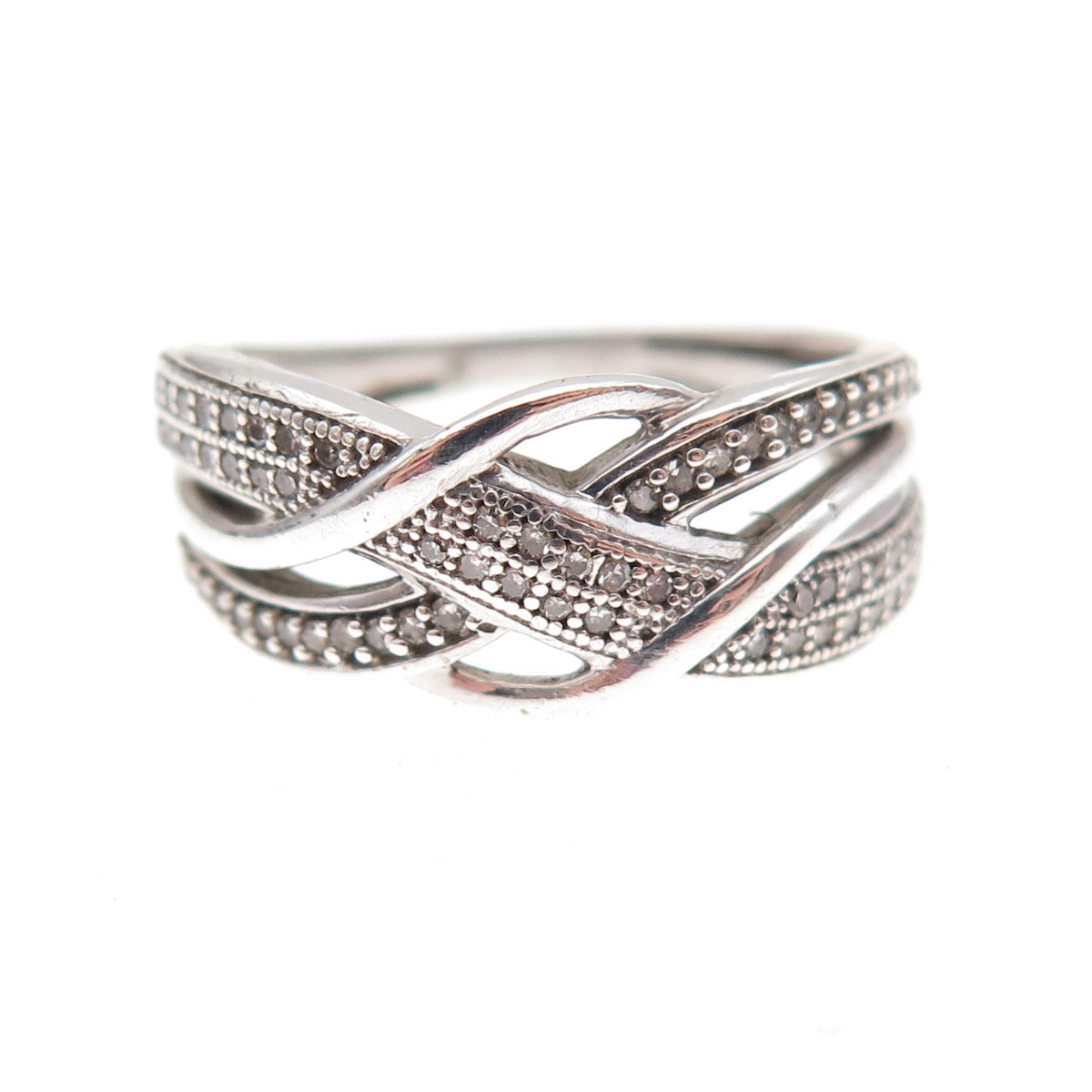 925 Sterling Silver Real Round-Cut Diamond Woven Ring Size 6.75