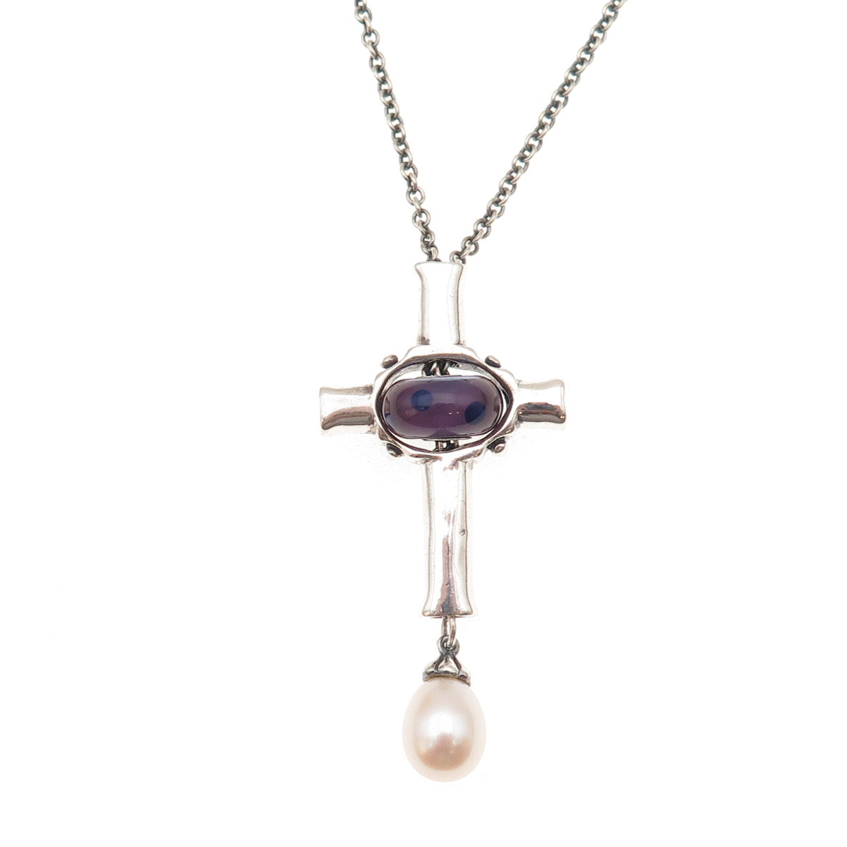 Trollbeads Sterling Silver Real Pearl & Murano Glass Cross Chain Necklace 36"