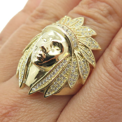 925 Sterling Silver Gold Plated Round-Cut C Z Indian Chief Ring Size 8.25