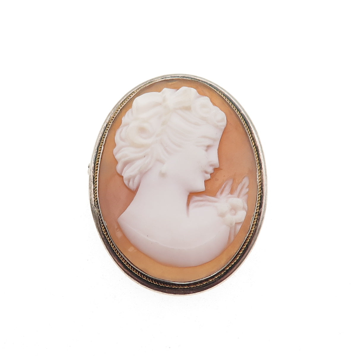 800 Silver 2-Tone Antique Art Deco Real MOP Lady Cameo Pin Brooch / Pendant