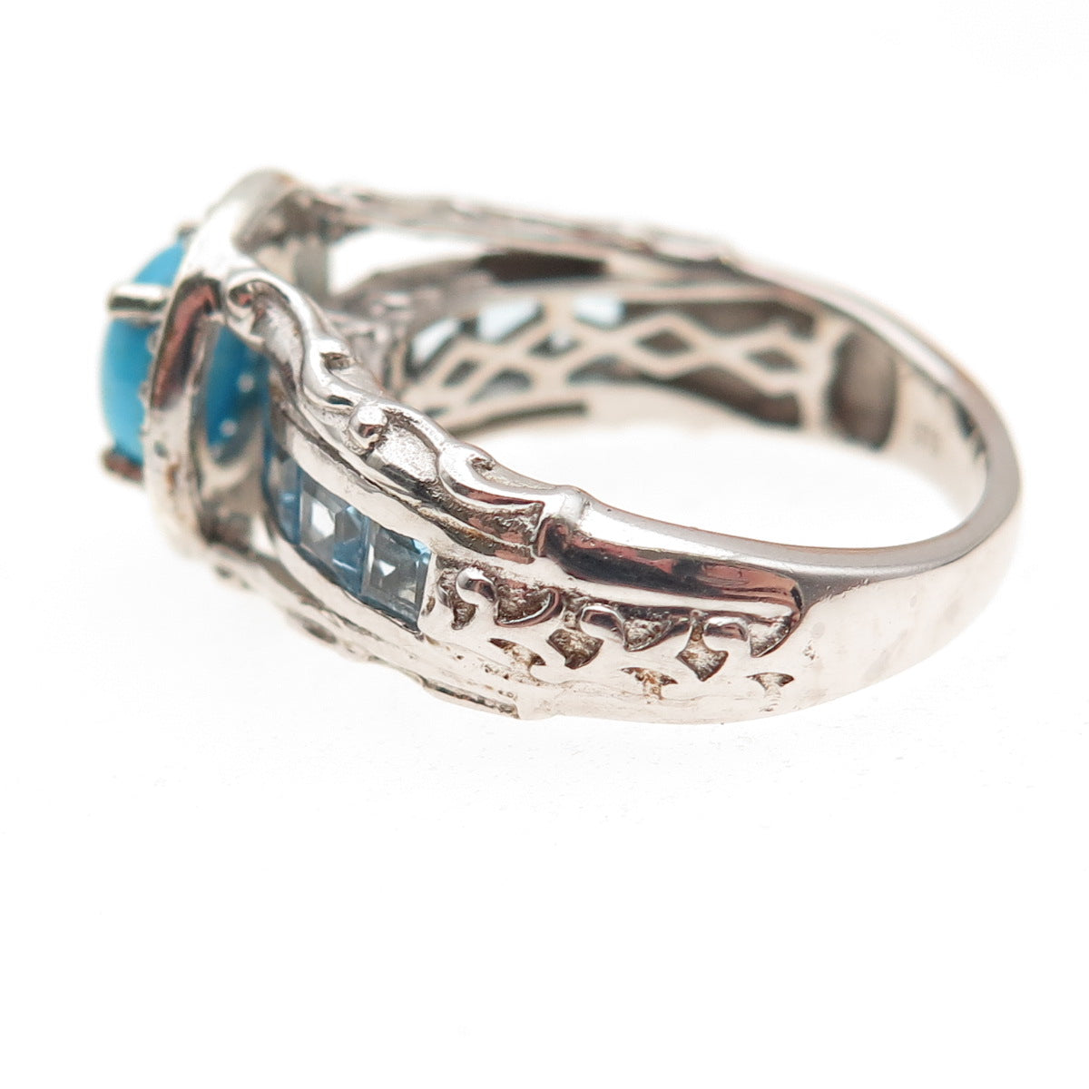 Chuck Clemency 925 Sterling Real Turquoise Blue & White Topaz Ring Size 8.25