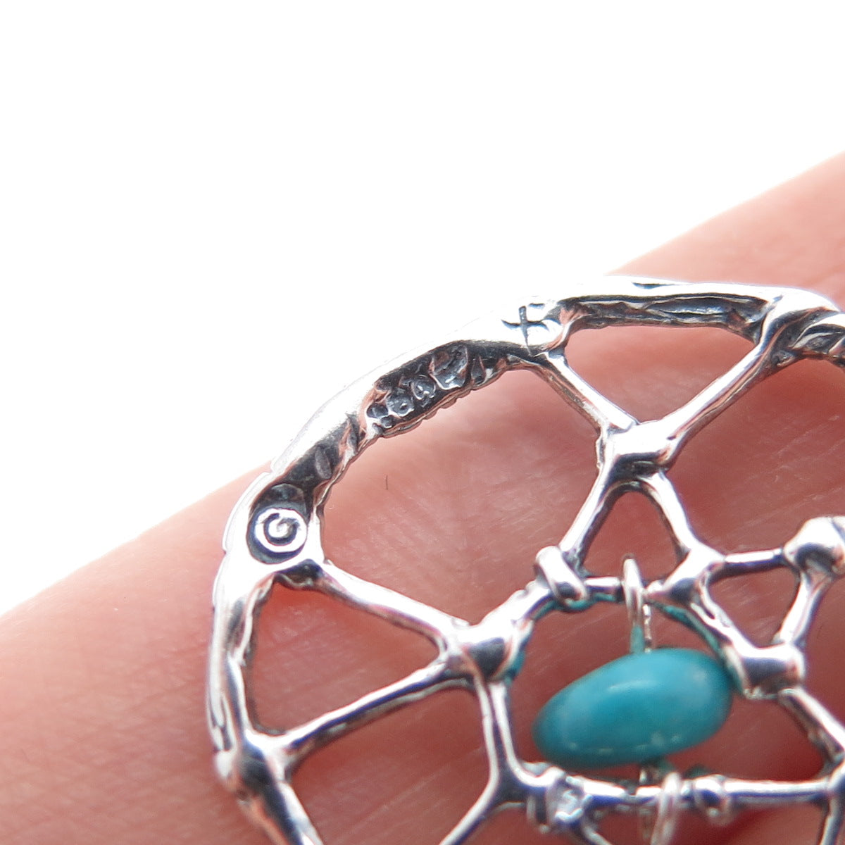 SHUBE Sterling Vintage Turquoise Dreamcatcher Feather Spring Ring Lock Pendant