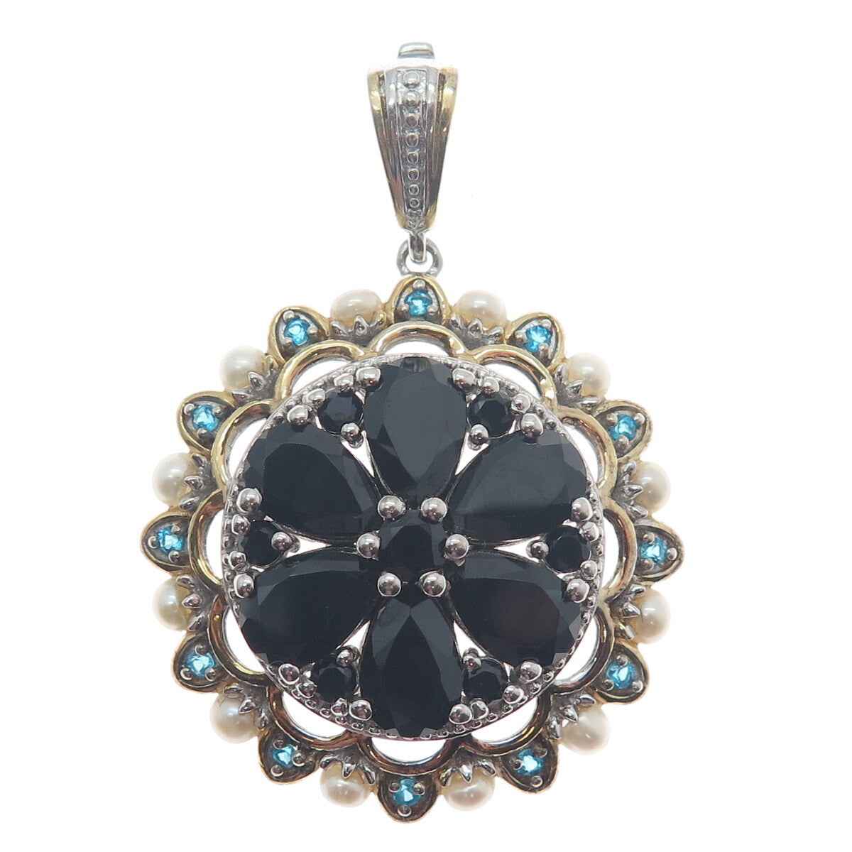 CHUCK CLEMENCY 925 Sterling 2-Tone Pearl Black Spinel Opalite Gem Floral Pendant
