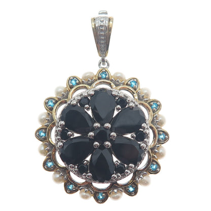 CHUCK CLEMENCY 925 Sterling 2-Tone Pearl Black Spinel Opalite Gem Floral Pendant