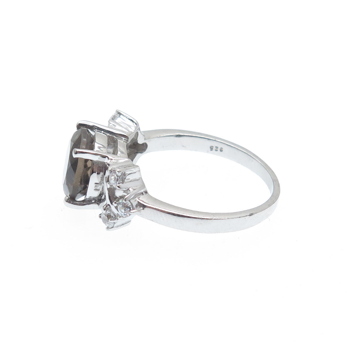 925 Sterling Silver Real Round-Cut Smoky Quartz & C Z Ring Size 8