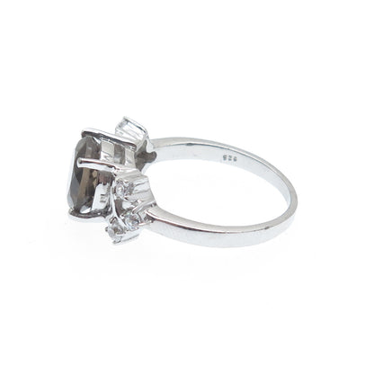 925 Sterling Silver Real Round-Cut Smoky Quartz & C Z Ring Size 8