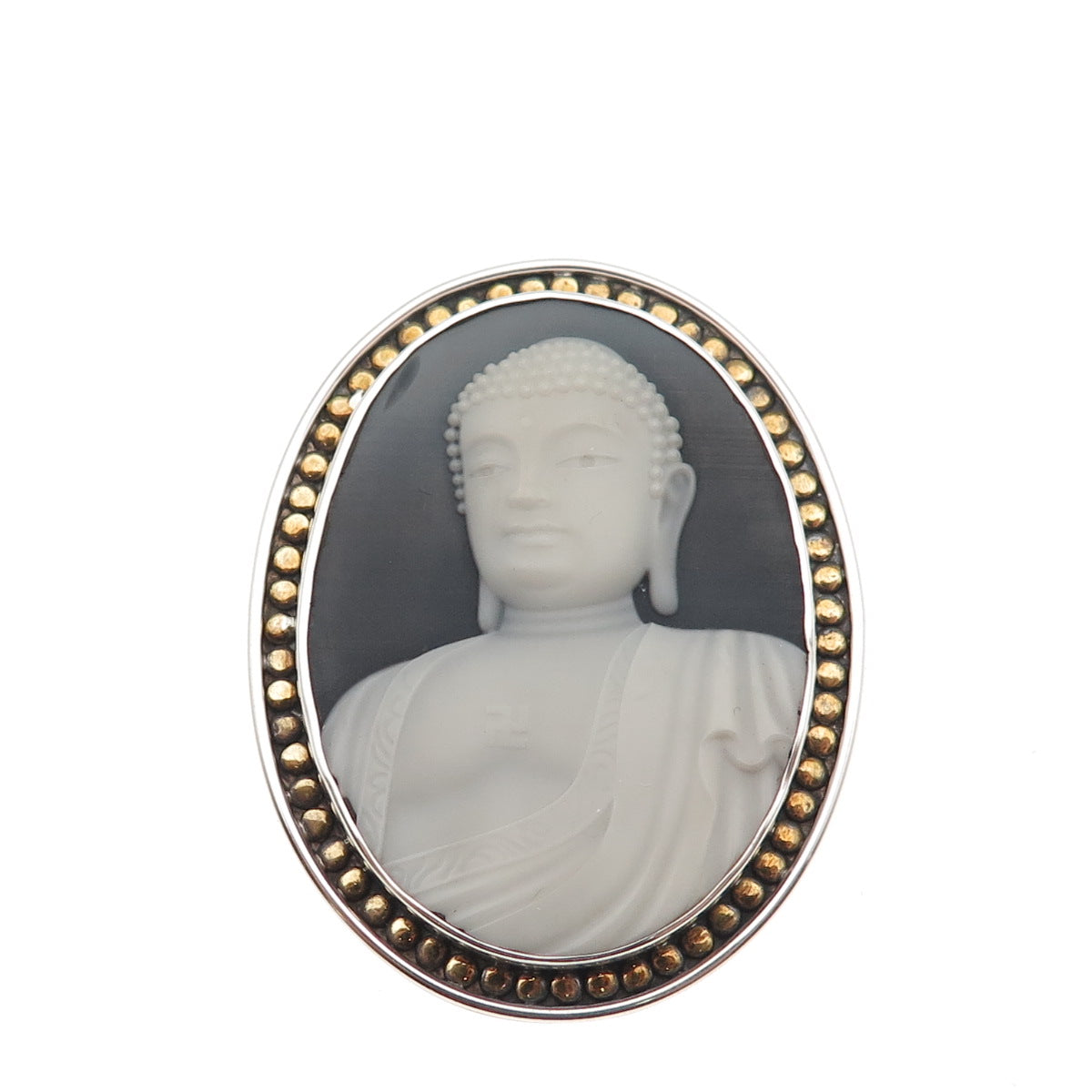 925 Sterling Silver 2-Tone Vintage Ceramic Buddha Cameo Pin Brooch