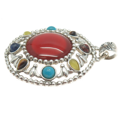 925 Sterling Vintage Real Carnelian Tiger Eye Turquoise Sodalite Jasper Pendant