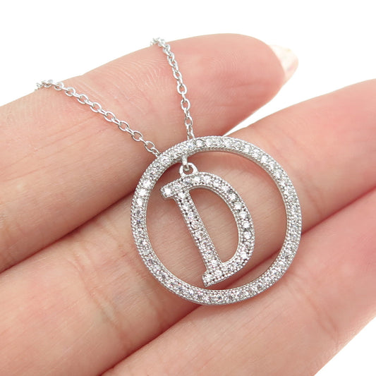 925 Sterling Silver Round-Cut C Z Letter "D" Initial Cable Chain Necklace 16-18"