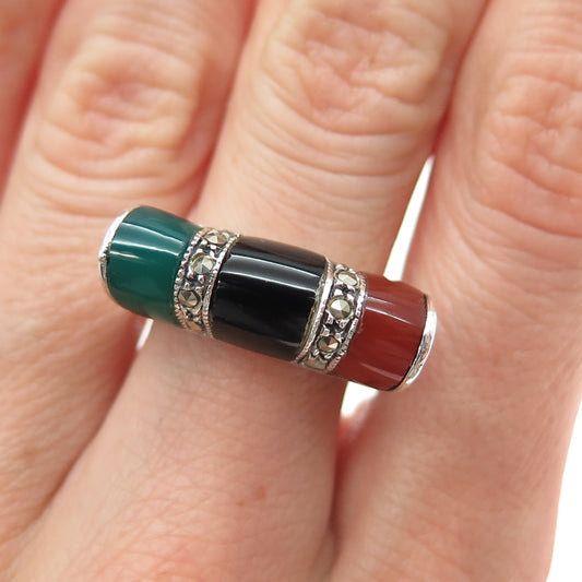 925 Sterling Vintage Real Black & Green Onyx Carnelian Marcasite Ring Size 8.75