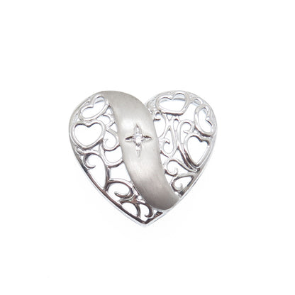 925 Sterling Silver Round-Cut C Z Heart Ornate Charm Slide Pendant