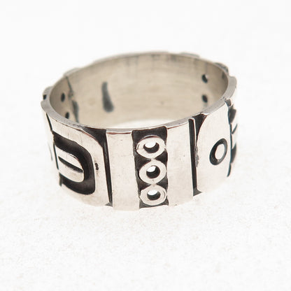 925 Sterling Silver Vintage Mexico Aztec Oxidized Wide Band Ring Size 12.25