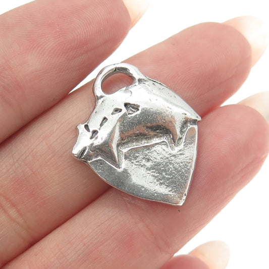 925 Sterling Silver Vintage 1990 Modernist Heart Pig Charm Pendant