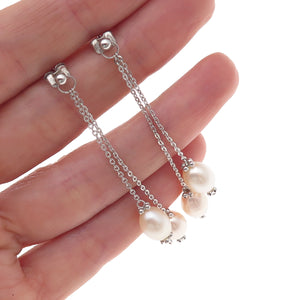 925 Sterling Silver Vintage Real Pearl Chain Drop Dangle Earrings