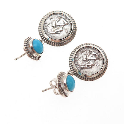 D'Joy 925 Sterling Silver Real Turquoise Washington Quarter Coin Dangle Earrings