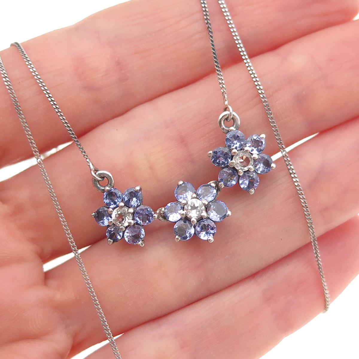 925 Sterling Silver Real Tanzanite & White Topaz Floral Cuban Chain Necklace 20"