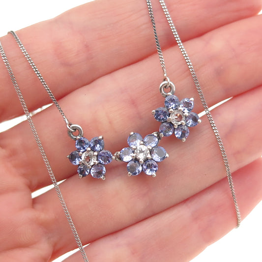 925 Sterling Silver Real Tanzanite & White Topaz Floral Cuban Chain Necklace 20"