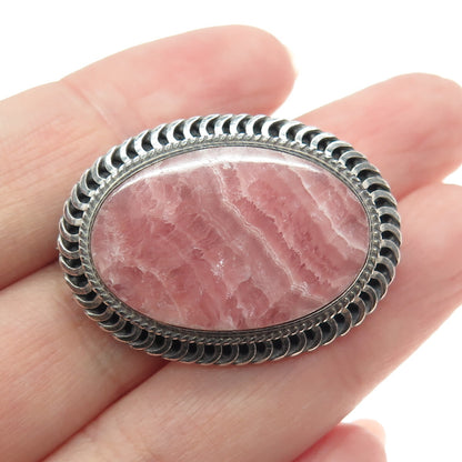 925 Sterling Silver Vintage Chile Real Rhodochrosite Oxidized Pin Brooch