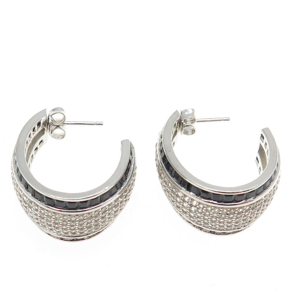 925 Sterling Silver Multi-Cut Black & White C Z Wide Hoop Earrings