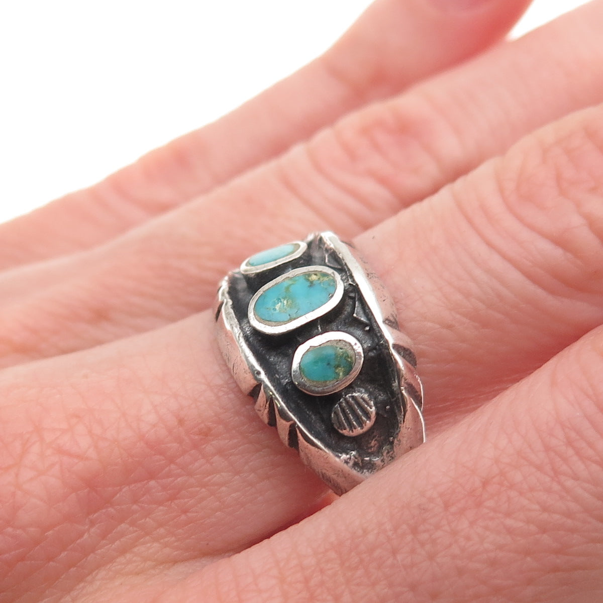 Old Pawn 925 Sterling Silver Vintage Southwestern Turquoise Tribal Ring Size 9.5