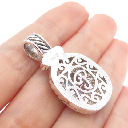 925 Sterling Silver Vintage Real Emerald-Cut Blue Topaz Oxidized Charm Pendant