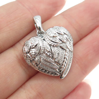 925 Sterling Silver Real Round-Cut Diamond Angel Wings Heart Locket Pendant