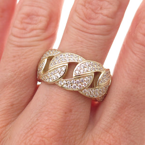 925 Sterling Silver Gold Plated Round-Cut C Z Cuban Link Band Ring Size 9.25
