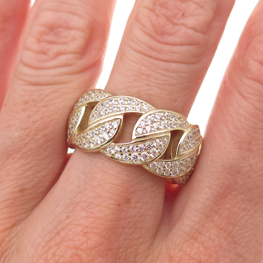 925 Sterling Silver Gold Plated Round-Cut C Z Cuban Link Band Ring Size 9.25