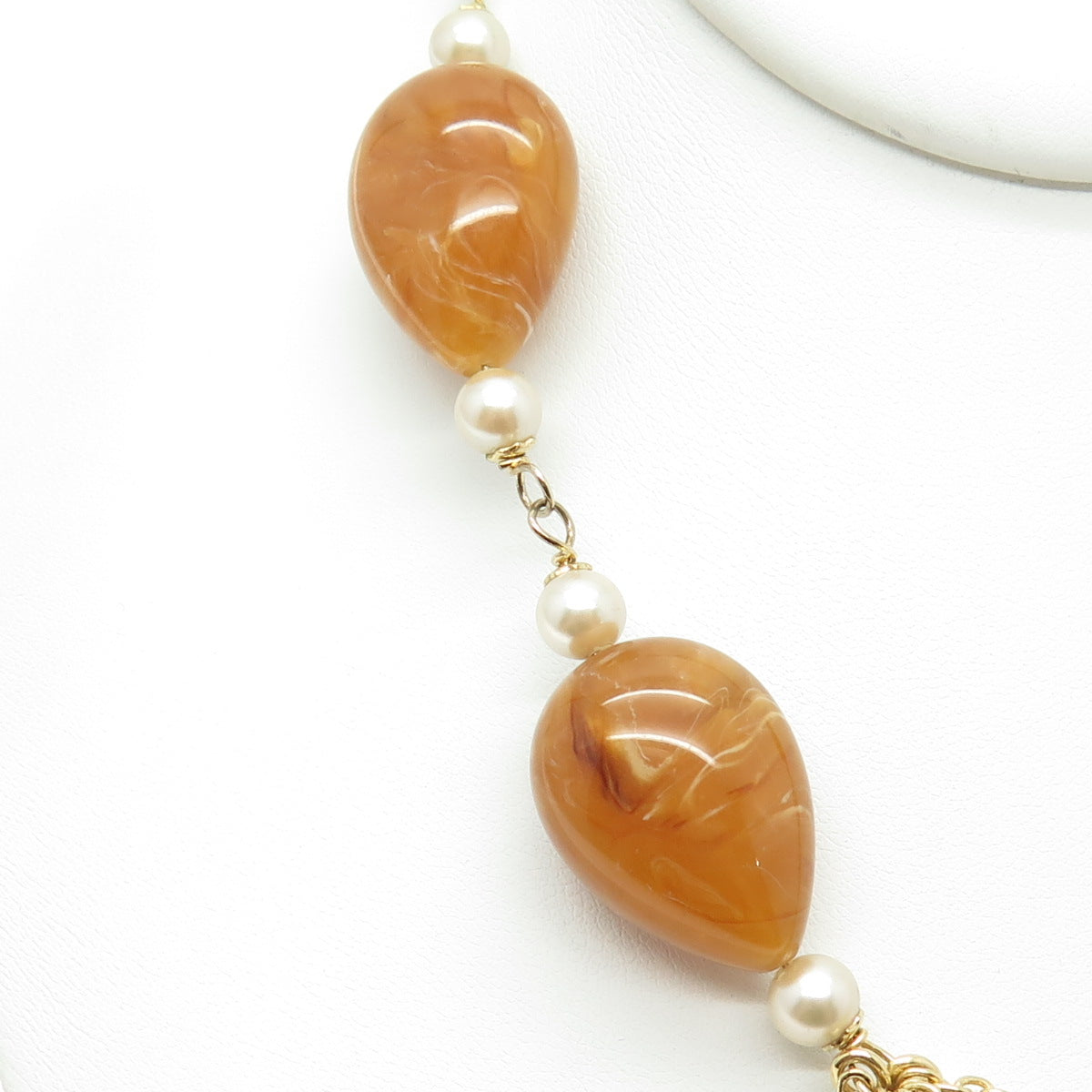 925 Sterling Silver Gold Plated Faux Amber & Faux Pearl Cable Chain Necklace 22"