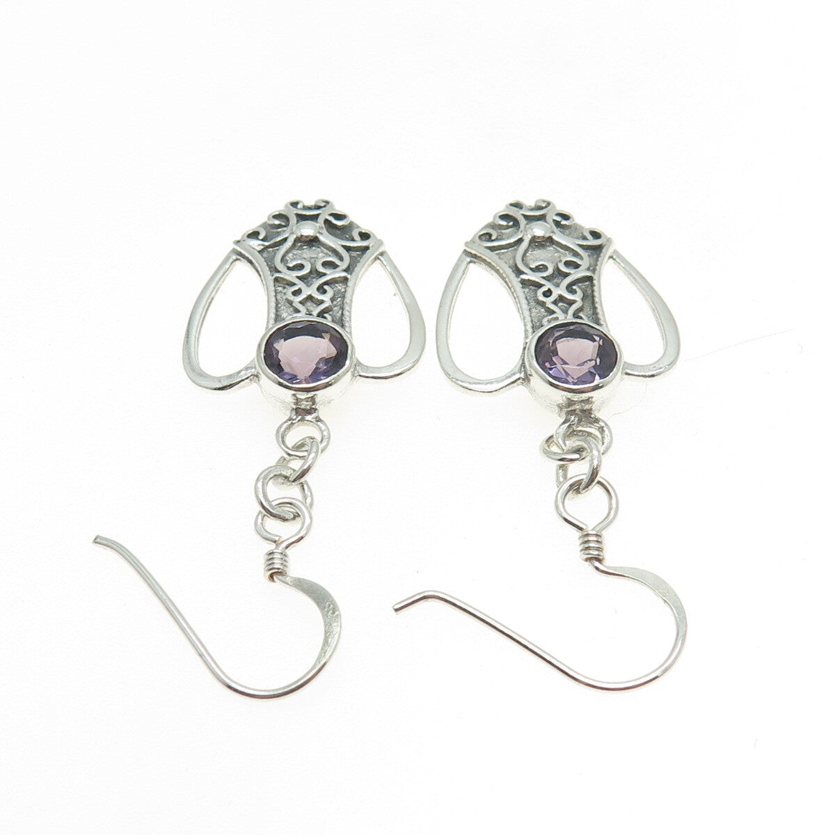 925 Sterling Silver Vintage Real Amethyst Modernist Heart Dangle Earrings