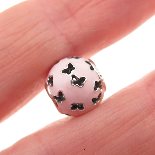 PANDORA 925 Sterling Silver Pink Enamel Fluttering Butterflies Slide Bead Charm