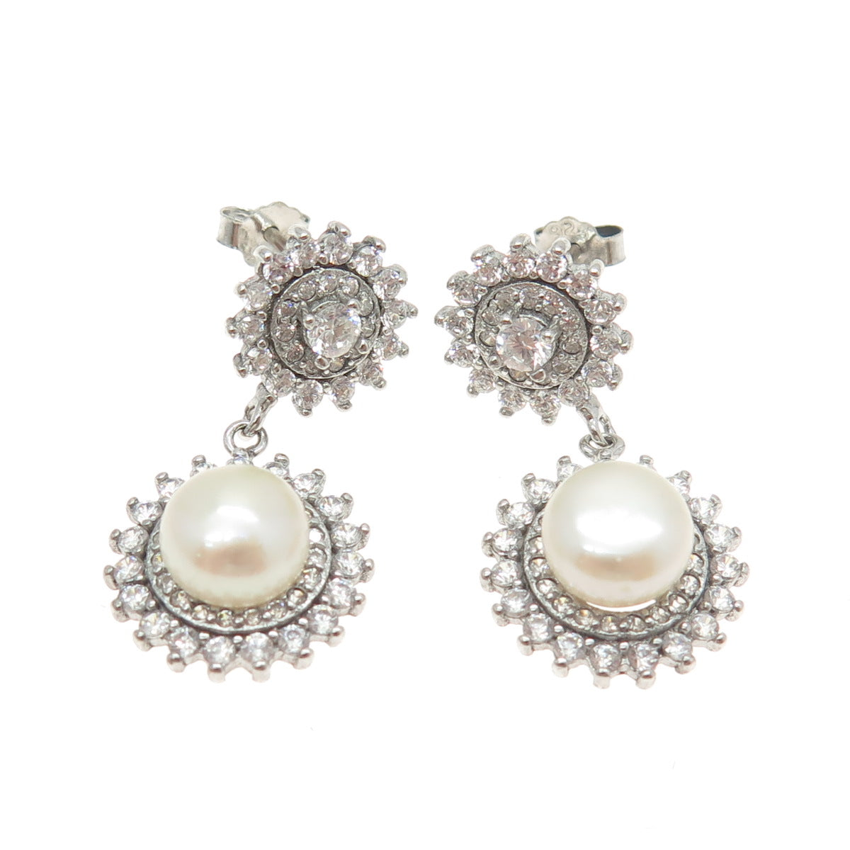 925 Sterling Silver Real Pearl & Round-Cut C Z Flower Dangling Earrings