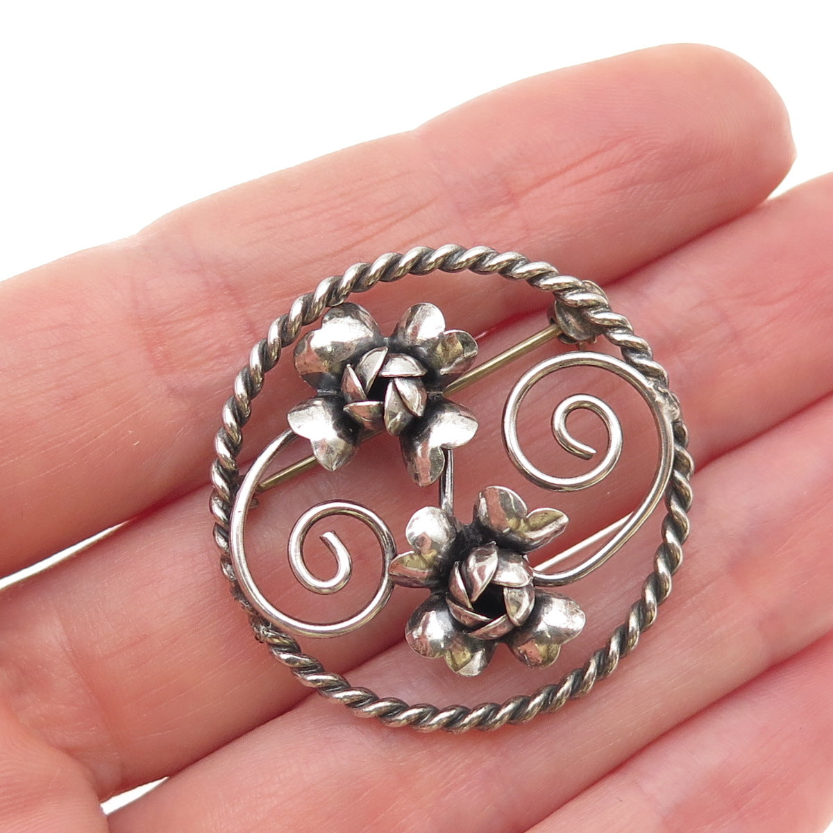 925 Sterling Silver Vintage Rose Flower Oxidized Pin Brooch