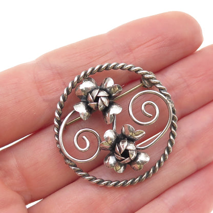 925 Sterling Silver Vintage Rose Flower Oxidized Pin Brooch