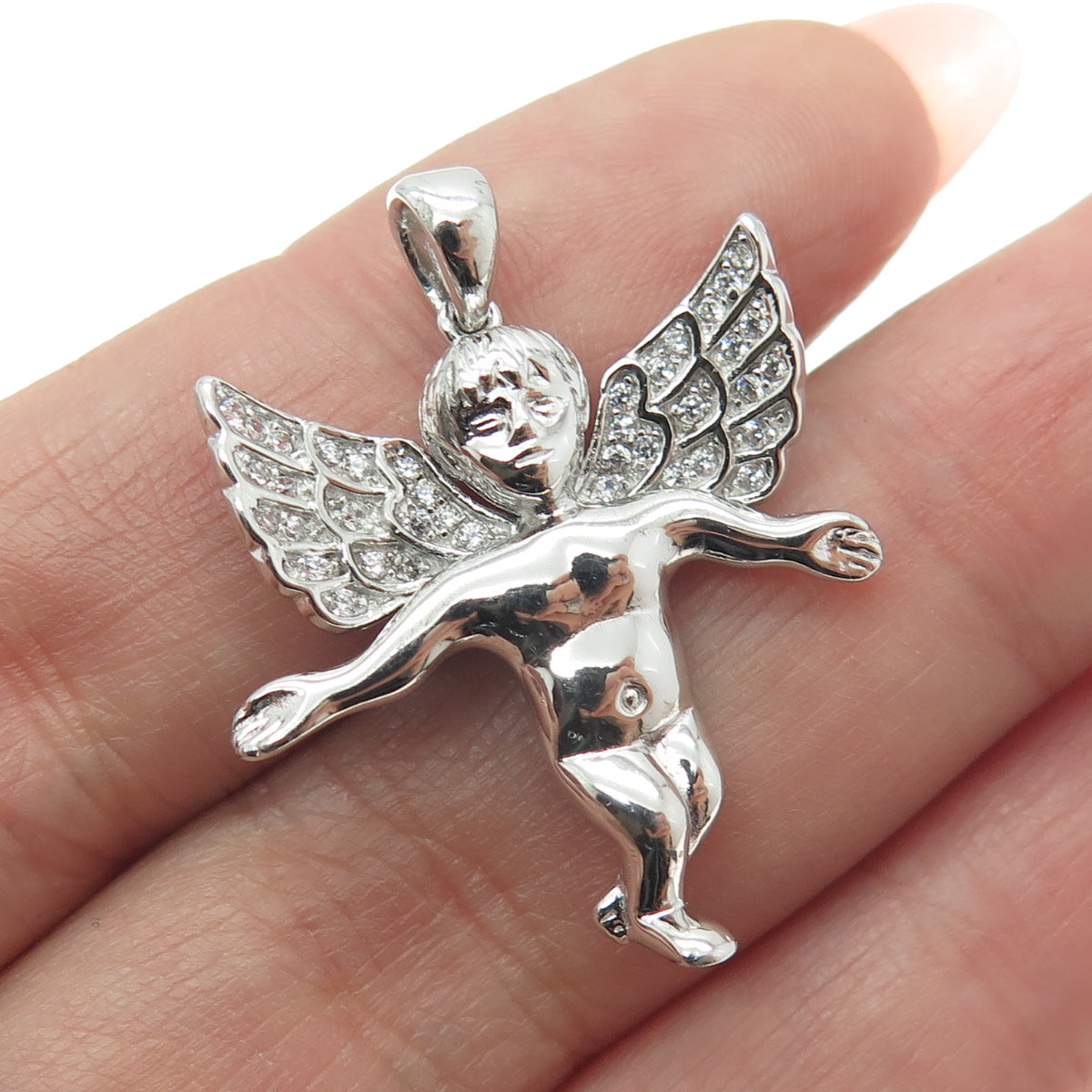 925 Sterling Silver Round-Cut C Z Cherub Pendant