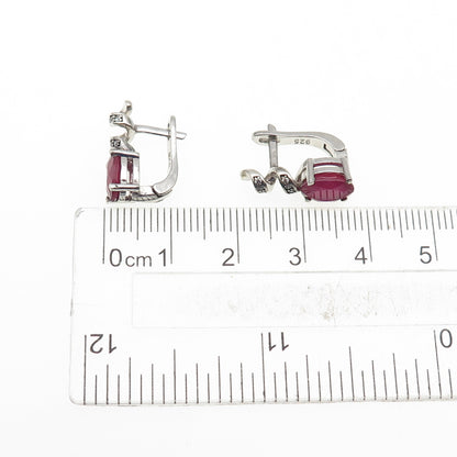 925 Sterling Silver Real Oval-Cut Ruby & Round-Cut C Z Swirl Earrings