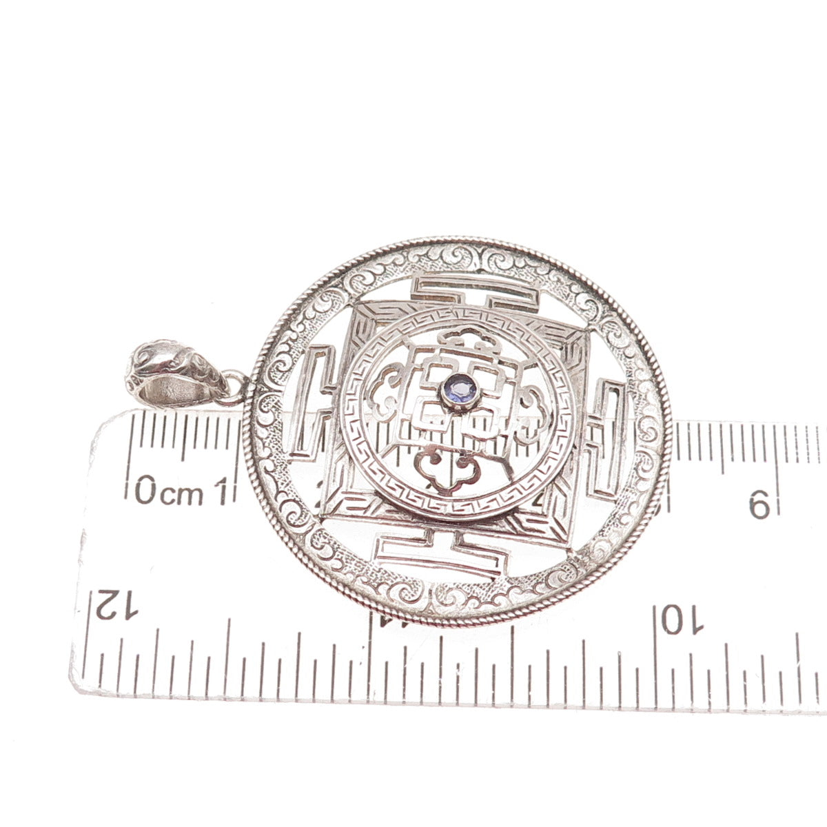 925 Sterling Silver Vintage Nepal Real Iolite Tibetan Mandala Oxidized Pendant