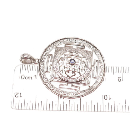 925 Sterling Silver Vintage Nepal Real Iolite Tibetan Mandala Oxidized Pendant