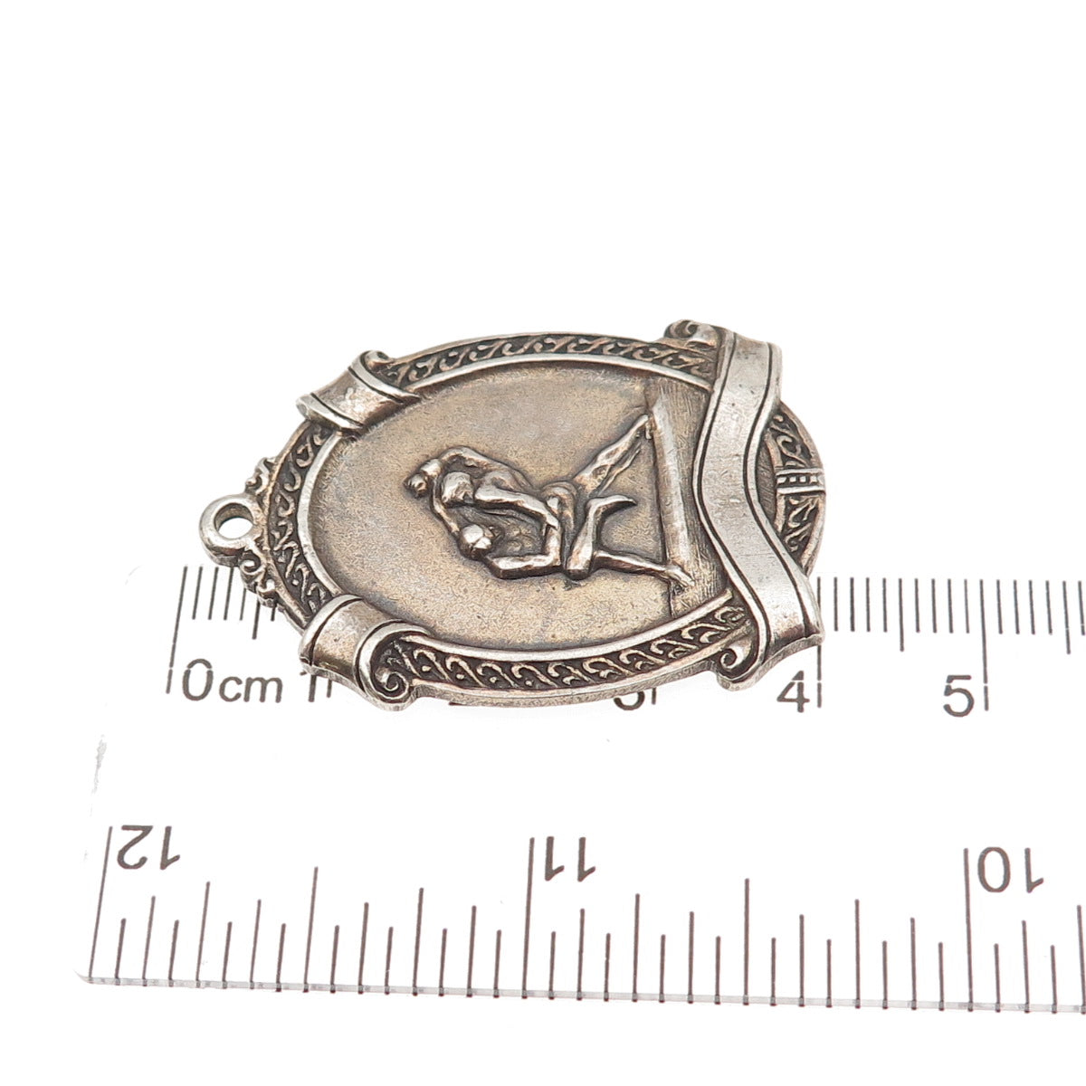 925 Sterling Silver Antique Art Deco Wrestling Medallion Oxidized Pendant