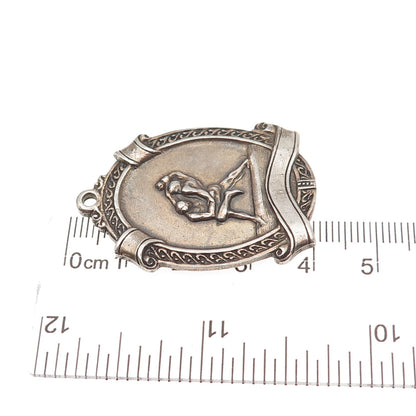 925 Sterling Silver Antique Art Deco Wrestling Medallion Oxidized Pendant