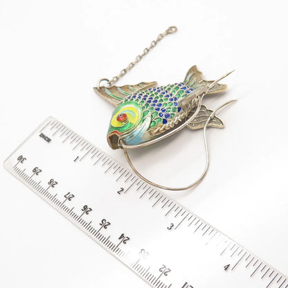925 Sterling Silver Enamel Antique Articulated Chinese Koi Fish Chatelaine Fob