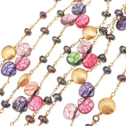 925 Sterling Gold Plated Real Pearl & Multi-Crystal Beaded Chain Necklace 48"